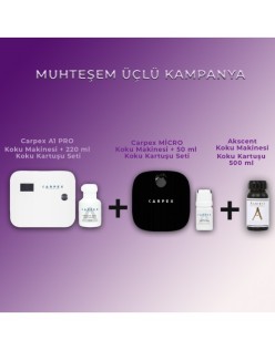 1 adet Carpex A1 Pro Zaman Ayarlı Koku Makinesi ve 220 ml kartuş set + 1 adet Carpex Micro Koku Makinesi ve 50 ml Koku Kartuş set + 500 ml Akscent Yedek esans