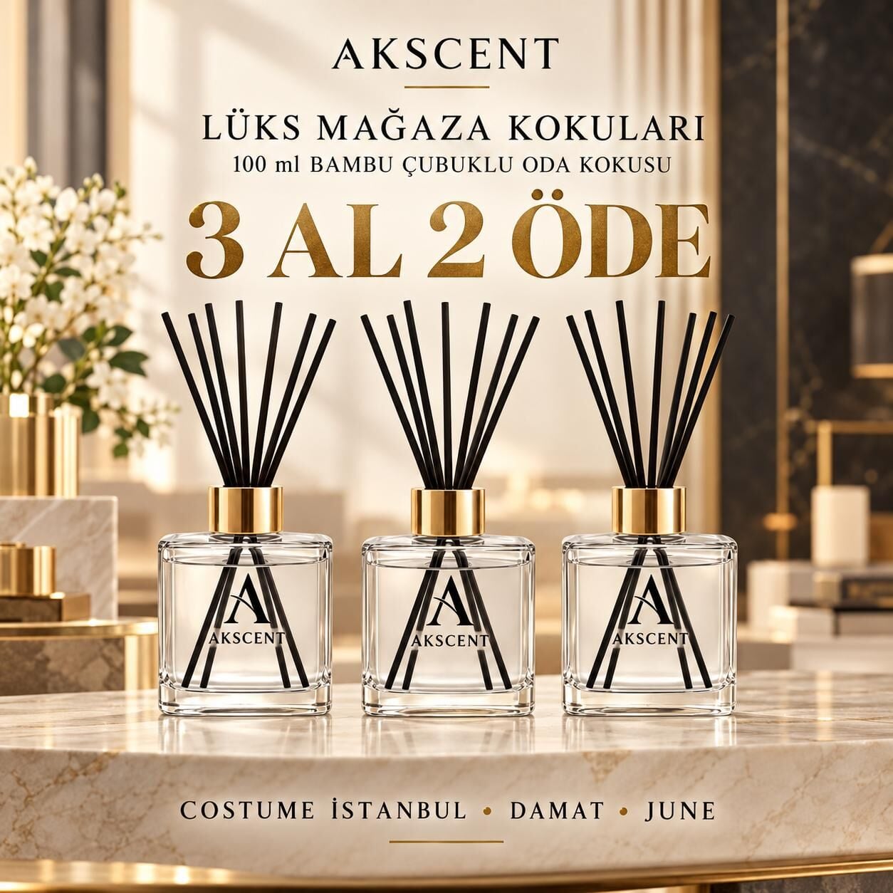 AKSCENT Lüks Mağaza Kokuları 100 ml Bambu Çubuklu Oda Kokusu – 3 Al 2 Öde