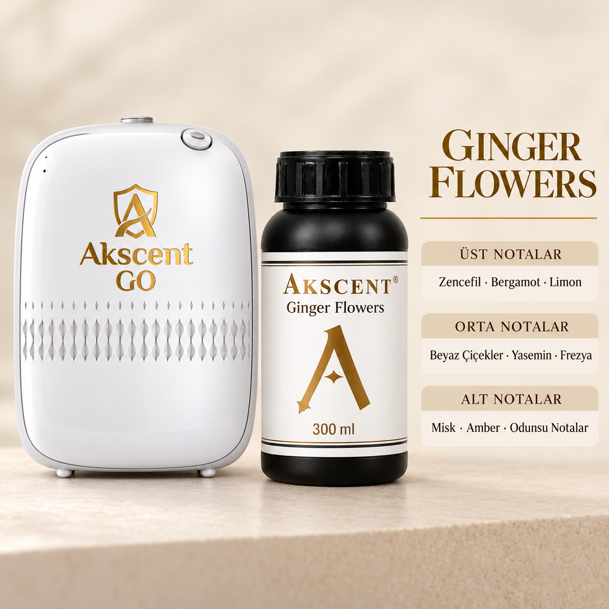 AKSCENT GO Koku Makinesi + 300 ml Esans Seti (Koku Seçenekli) Ginger Flowers