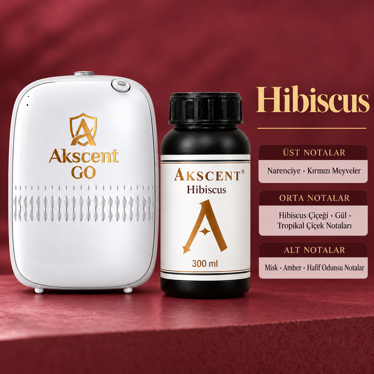 AKSCENT GO Koku Makinesi + 300 ml Esans Seti (Koku Seçenekli) Hibiscus