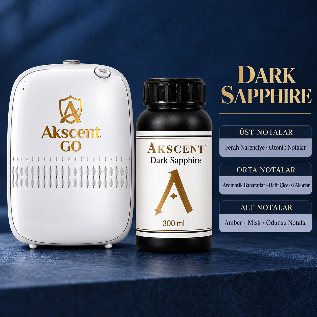 AKSCENT GO Koku Makinesi + 300 ml Esans Seti (Koku Seçenekli) Dark Sapphire
