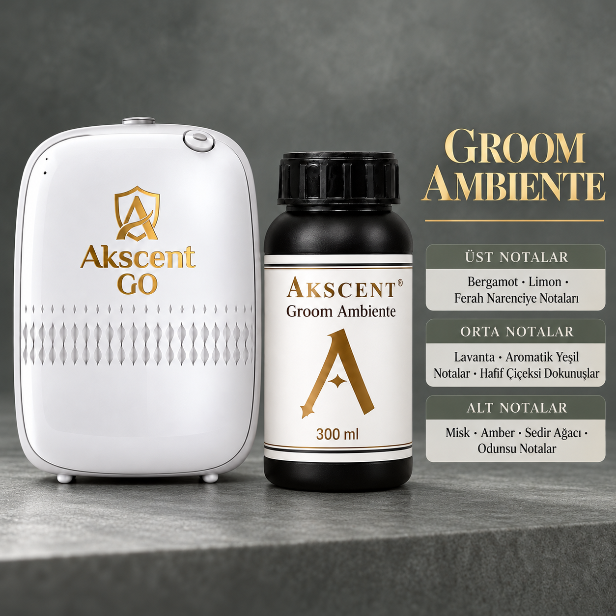 AKSCENT GO Koku Makinesi + 300 ml Esans Seti (Koku Seçenekli) Groom Ambiente