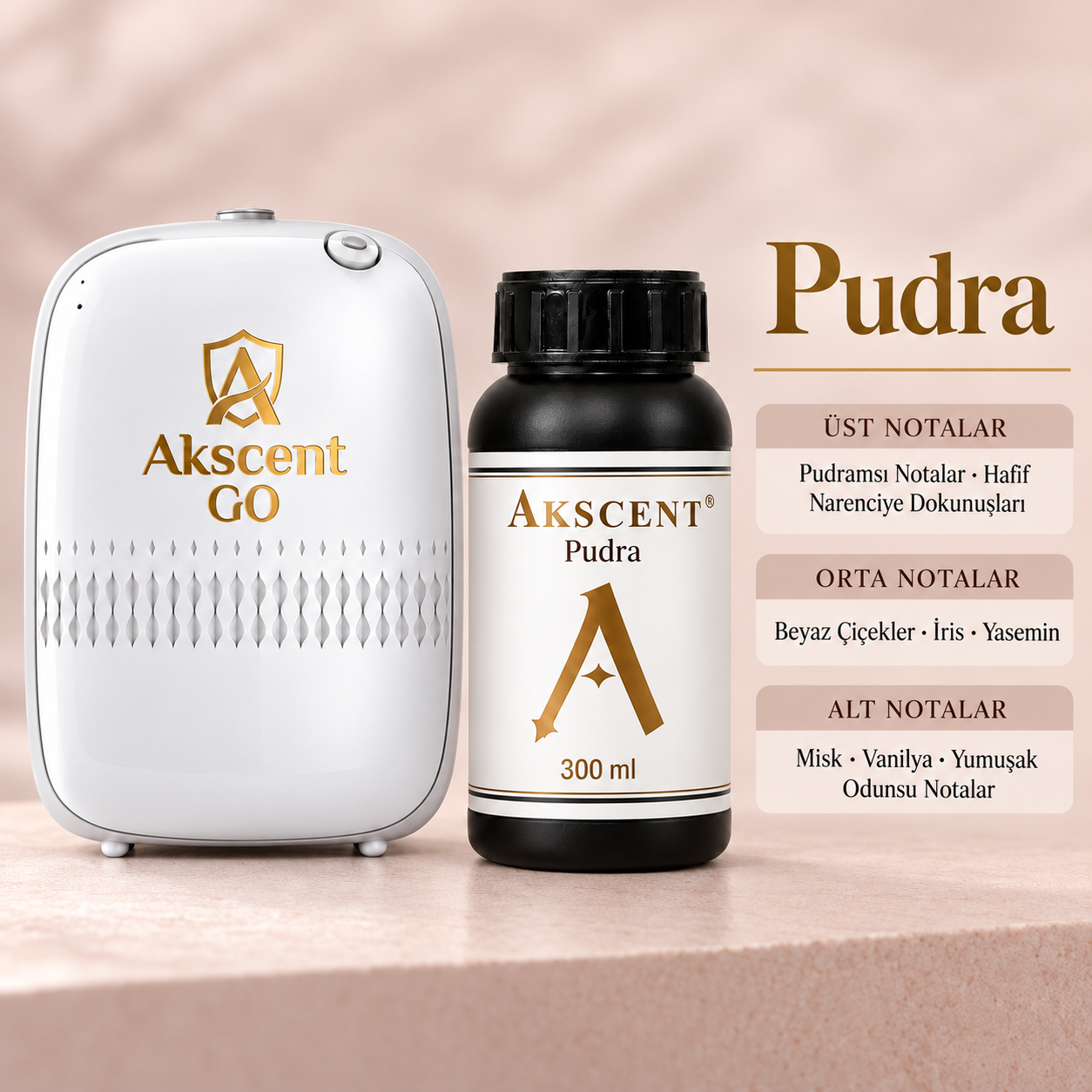 AKSCENT GO Koku Makinesi + 300 ml Esans Seti (Koku Seçenekli) Pudra