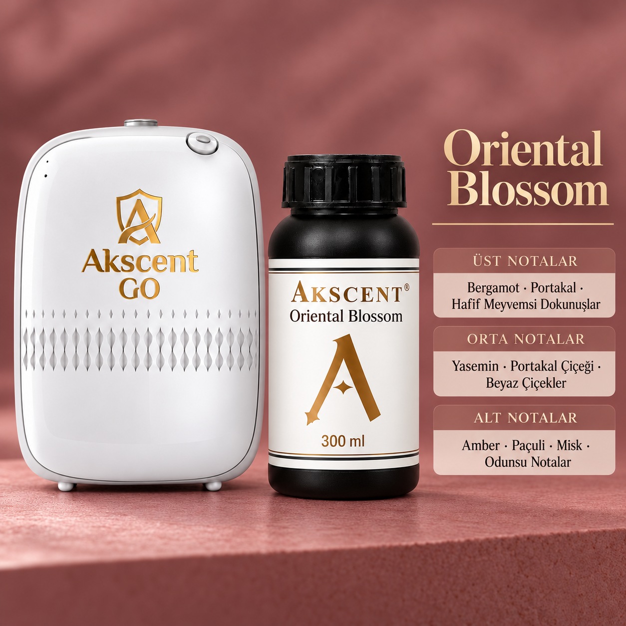 AKSCENT GO Koku Makinesi + 300 ml Esans Seti (Koku Seçenekli) Oriental Blossom