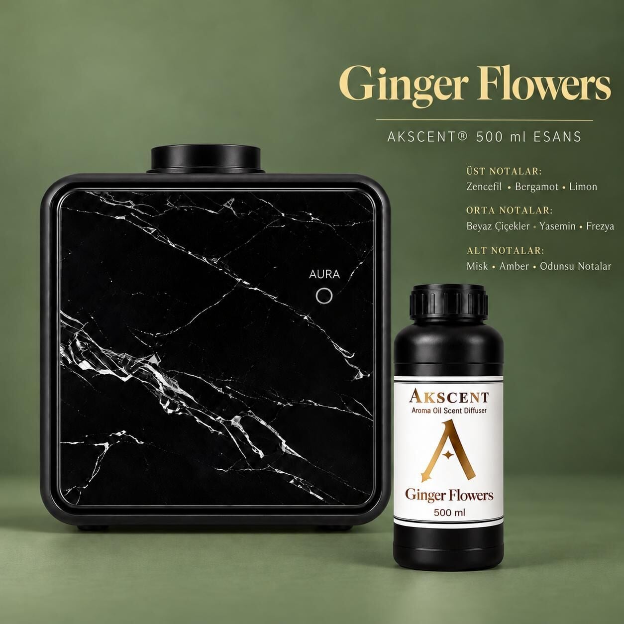 AKSCENT® Premium Koku Makinesi + 500 ml Esans Seti (Koku Seçenekli, 400 m²) Ginger Flowers