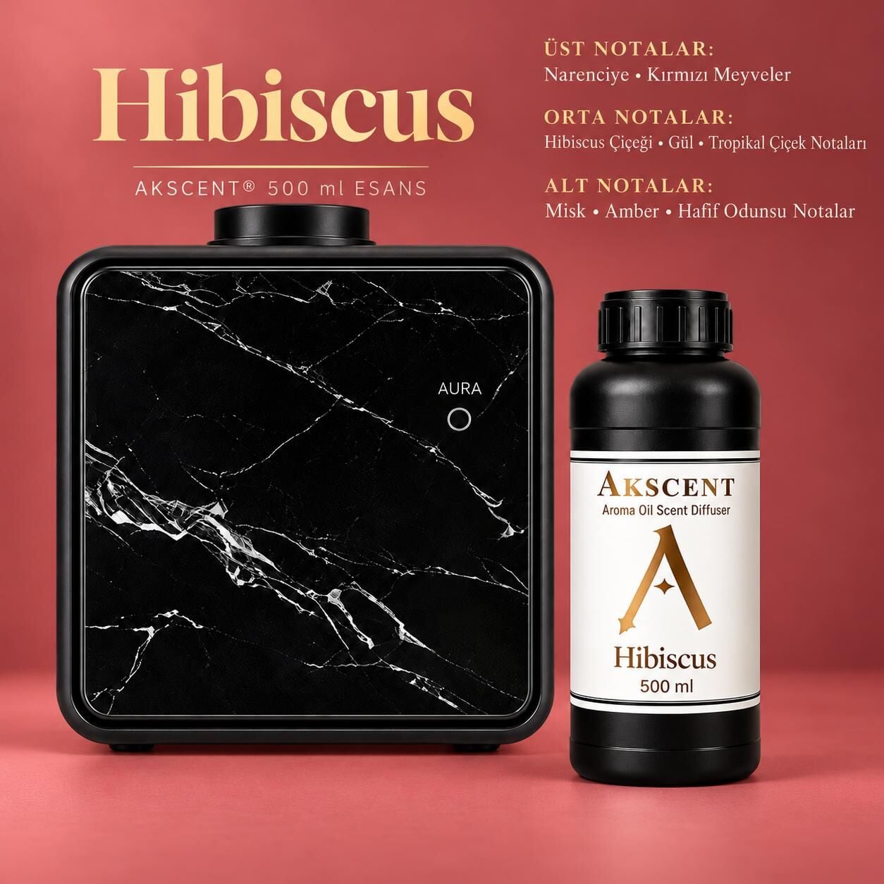 AKSCENT® Premium Koku Makinesi + 500 ml Esans Seti (Koku Seçenekli, 400 m²) Hibiscus