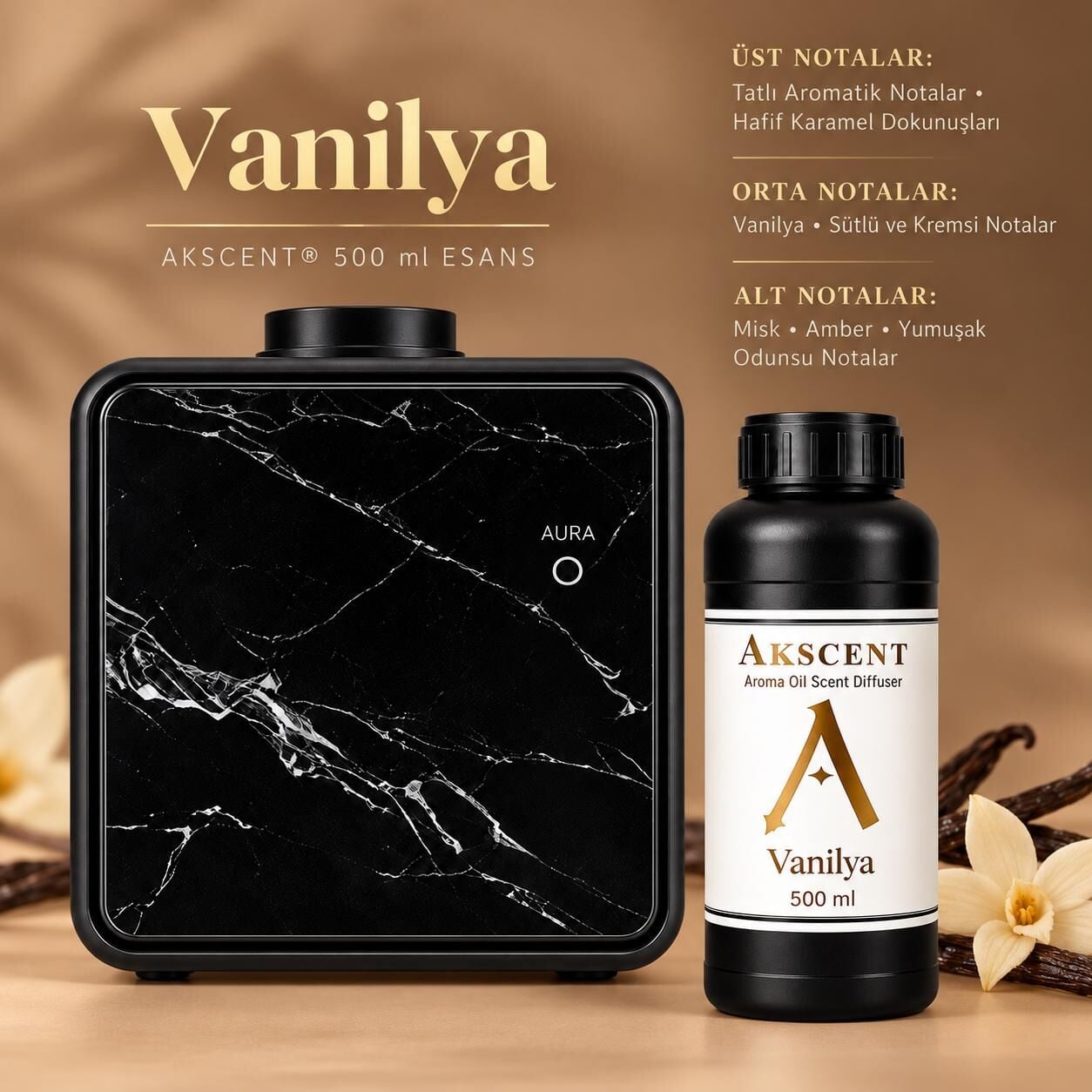 AKSCENT® Premium Koku Makinesi + 500 ml Esans Seti (Koku Seçenekli, 400 m²) Vanilya