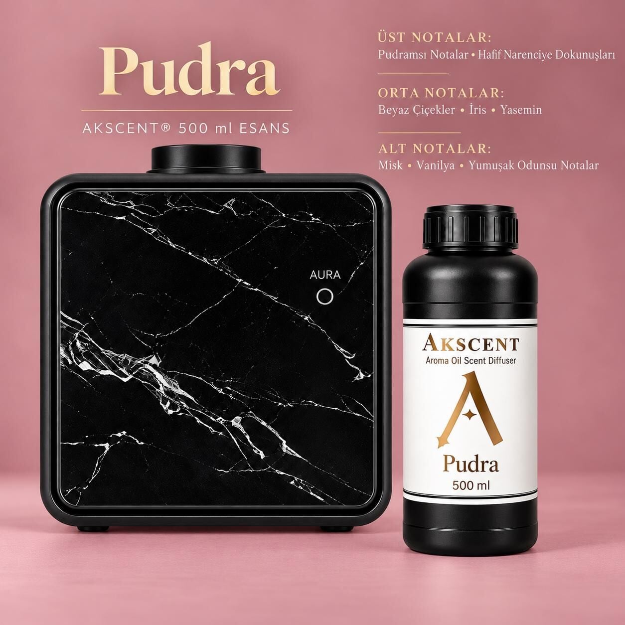 AKSCENT® Premium Koku Makinesi + 500 ml Esans Seti (Koku Seçenekli, 400 m²) Pudra