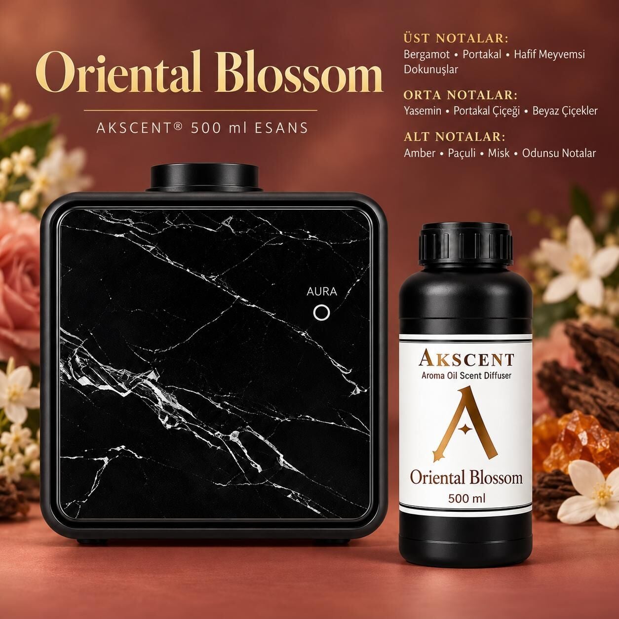 AKSCENT® Premium Koku Makinesi + 500 ml Esans Seti (Koku Seçenekli, 400 m²) Oriental Blossom