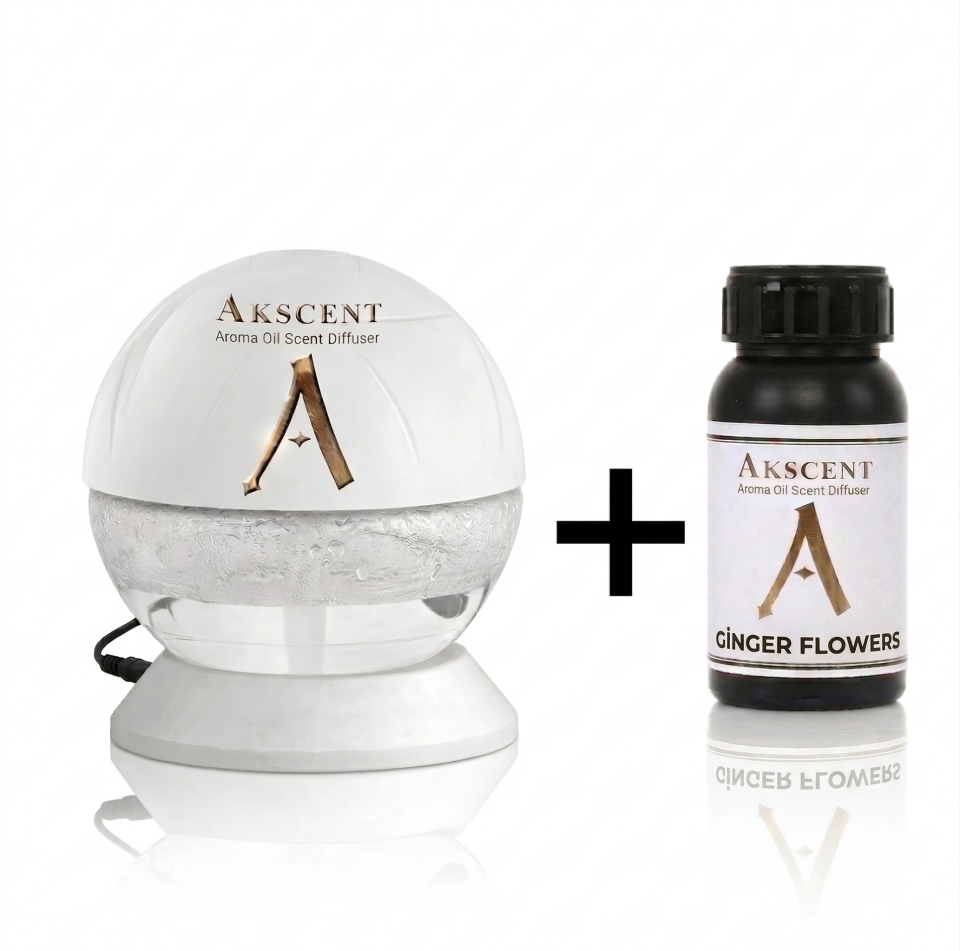 Akscent Işıklı Küre Koku Makinesi ve 200 ml Ginger Flowers Esans