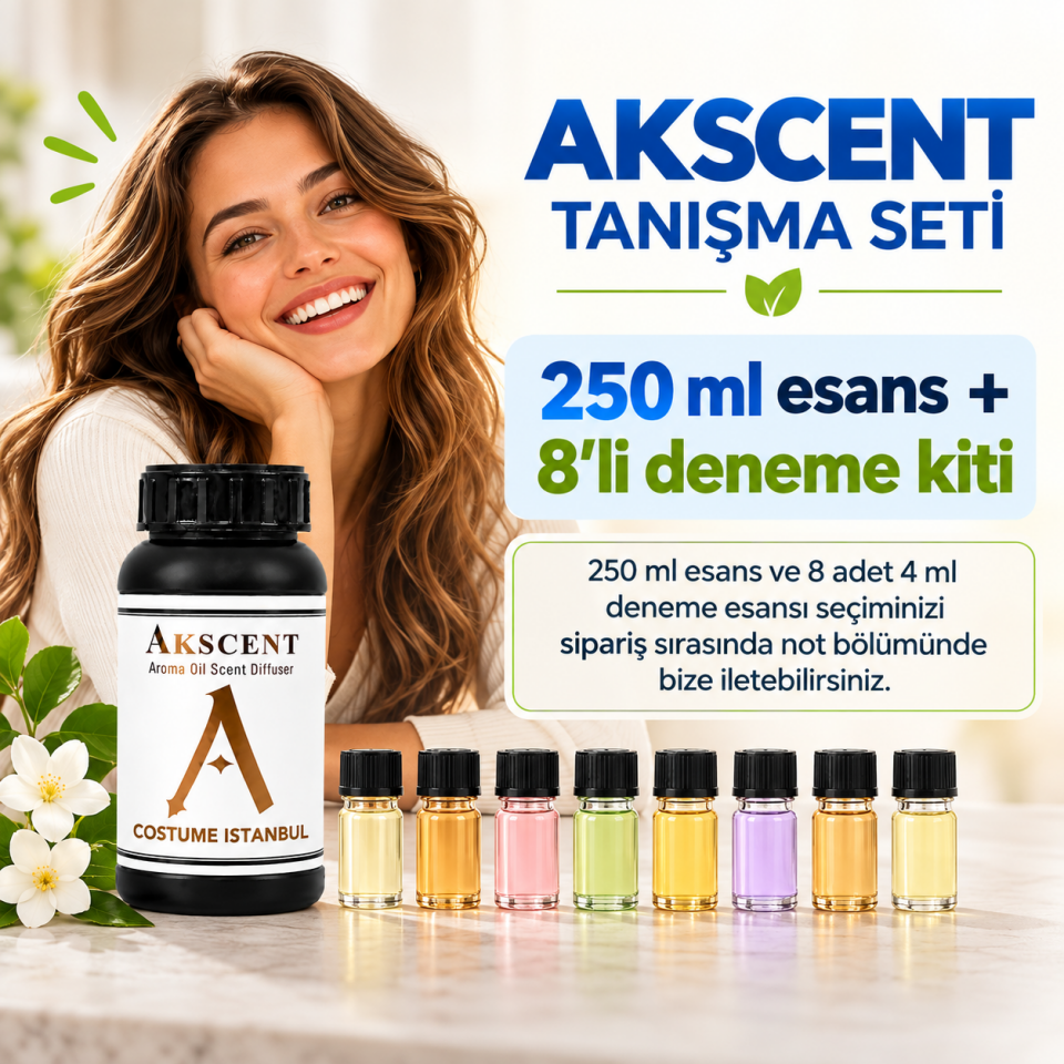 Akscent Tanışma Seti – 250 ml Ortam Kokulandırma Esansı + 8’li Deneme Kiti