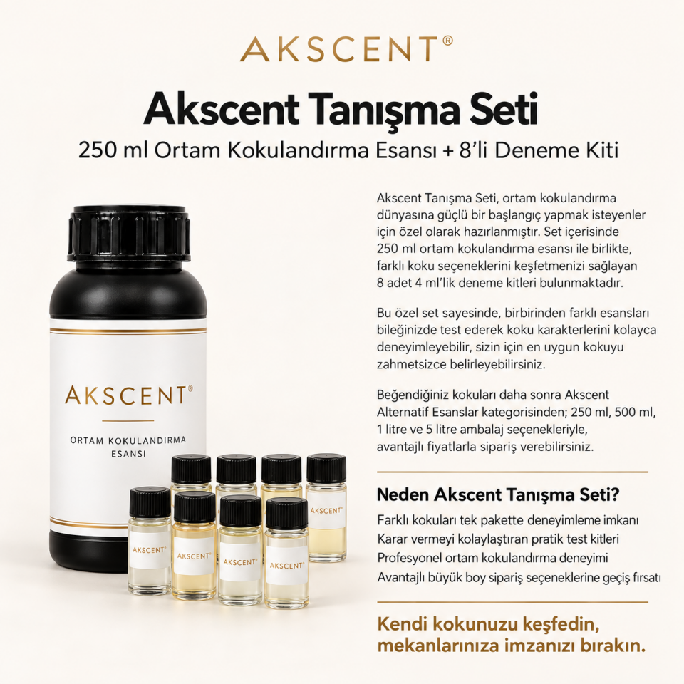 Akscent Tanışma Seti – 250 ml Ortam Kokulandırma Esansı + 8’li Deneme Kiti