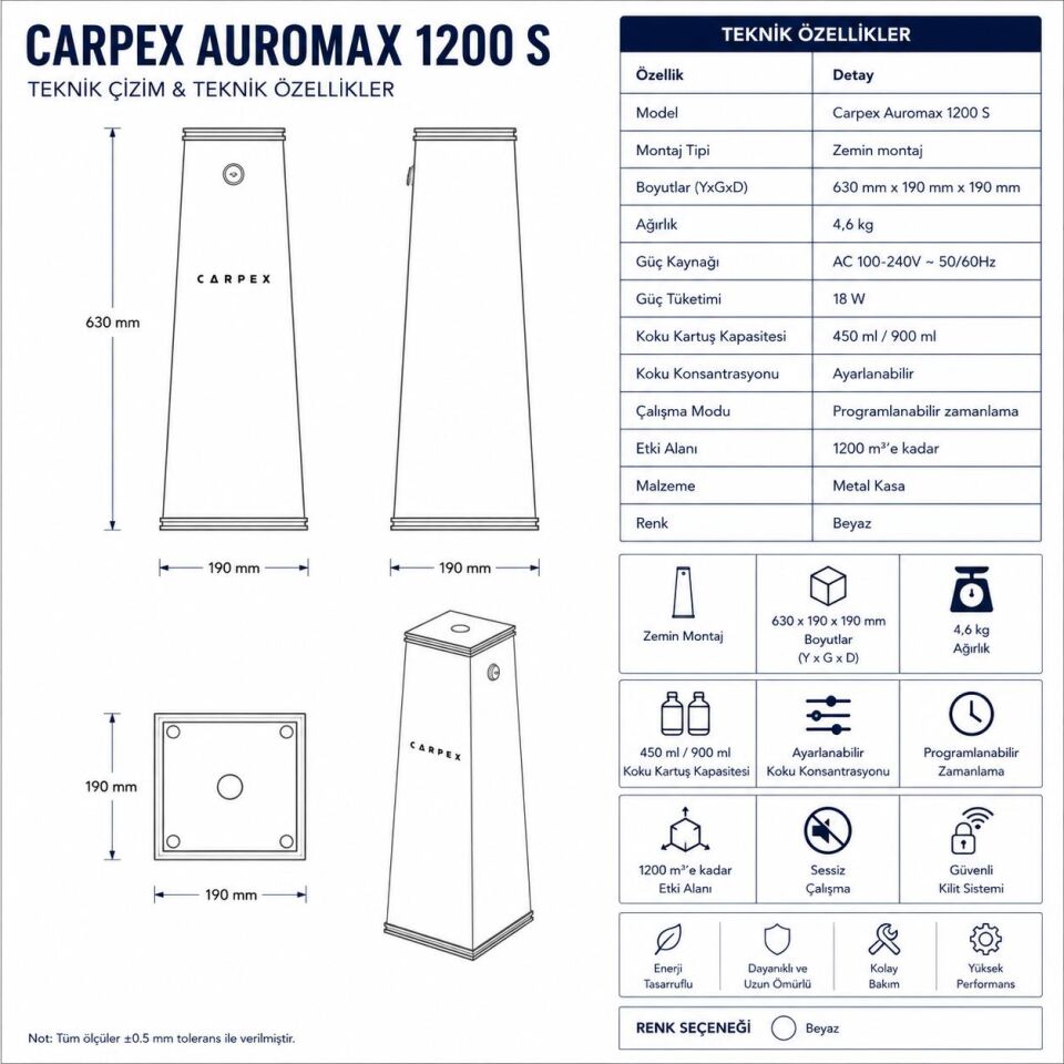Auramax 1200S Geniş Alan Koku Makinesi + Carpex 250 ml Ginger Flowers Kartuş Set (Siyah)