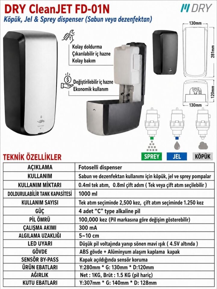 Dry Fotoselli Sıvı - Köpük - Sprey Dispenser - Doluma Uygun