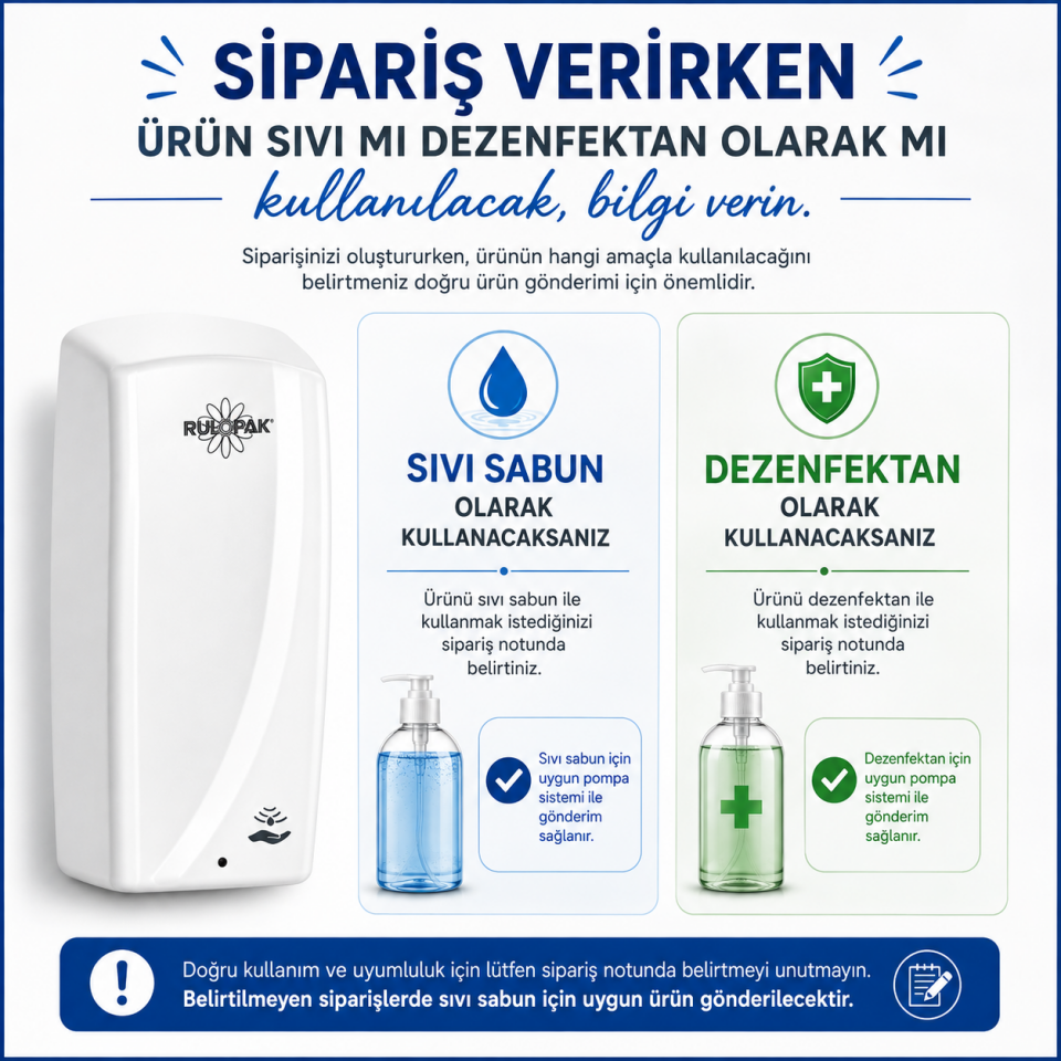 Rulopak Sensörlü Doldurmalı Sıvı Sabun - Dezenfektan  - Jel Dispenseri 1000 ml Beyaz